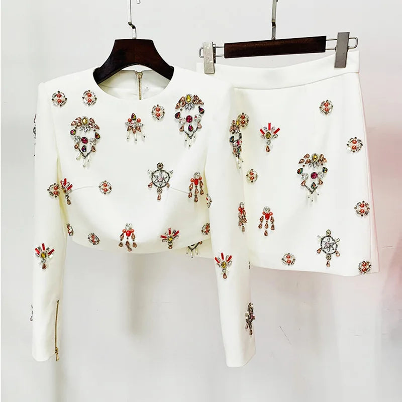 Women's Clothing Two-piece Suits Star Fashion New Style Heavy Beaded Diamond Short Top and Skirt Suit Dress Matching Sets