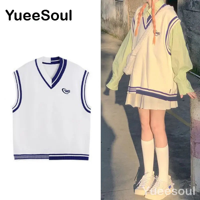 Sweet Kawaii Sweater Vest Printed Sleeveless Casual Outerwear Knitted Waistcoat 2023 Vintage Y2K Spring  E Girl Pullovers Tops