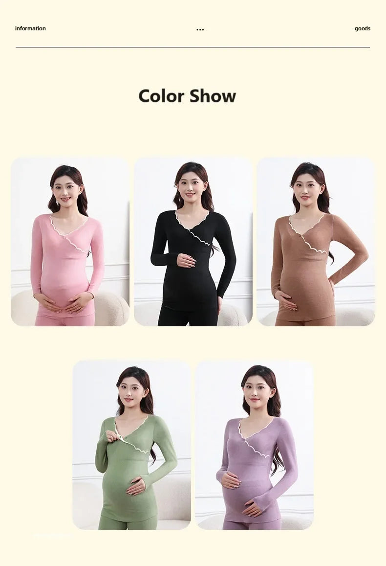 Winter Maternity Padded Warm Pajamas Pregnant Women's Homewear with Cups No Need to Wear Bra Breastfeeding Bottoming Underwear
