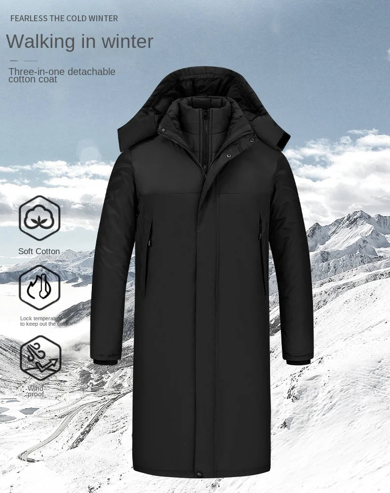 Winter Jacket 3 1-in -1 Removable 2-piece Set Mens Retro Long Warm Padded Jacket Snow Waterproof Thick Hooded Windbreaker Parkas