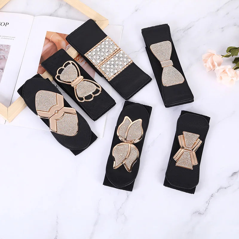 Beautiful Belts for Woman Beautiful Gold Color Metal Buckle 6cm Width Elastic Band Belt Versatile Tight Belts