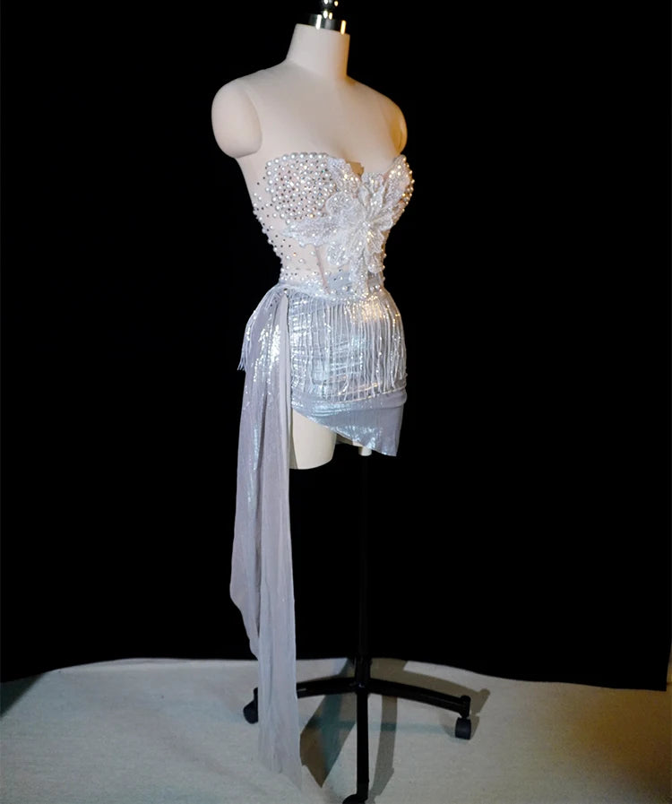 sexy women Two piece sets Evening Pearl dress nightclub party birthday wedding  stage flower dress singer pole dance clothing