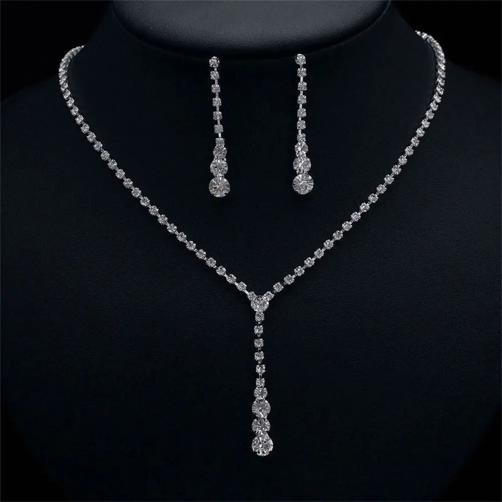 Wedding Dress Crystal Jewelry Set Shiny Banquet Ladies Rhinestone Necklace Earrings Bride Jewelry Gifts