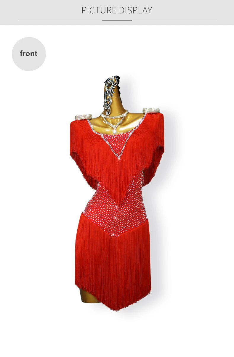 Red Latin Dance Fringed Dresses Sexy Womens Competition Costume Adult Female Party Clothes Cabaret Practice Wear Girl Stage Suit