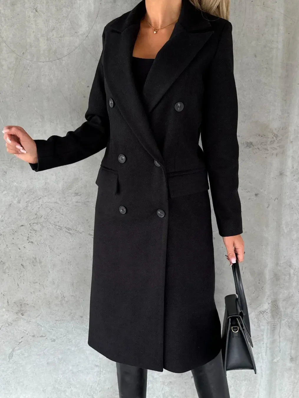 Women Double Breasted Woolen Outerwear Solid Color Long Overcoat Commuter Style Turndown Collar Lady Outerwear for Autumn Winter