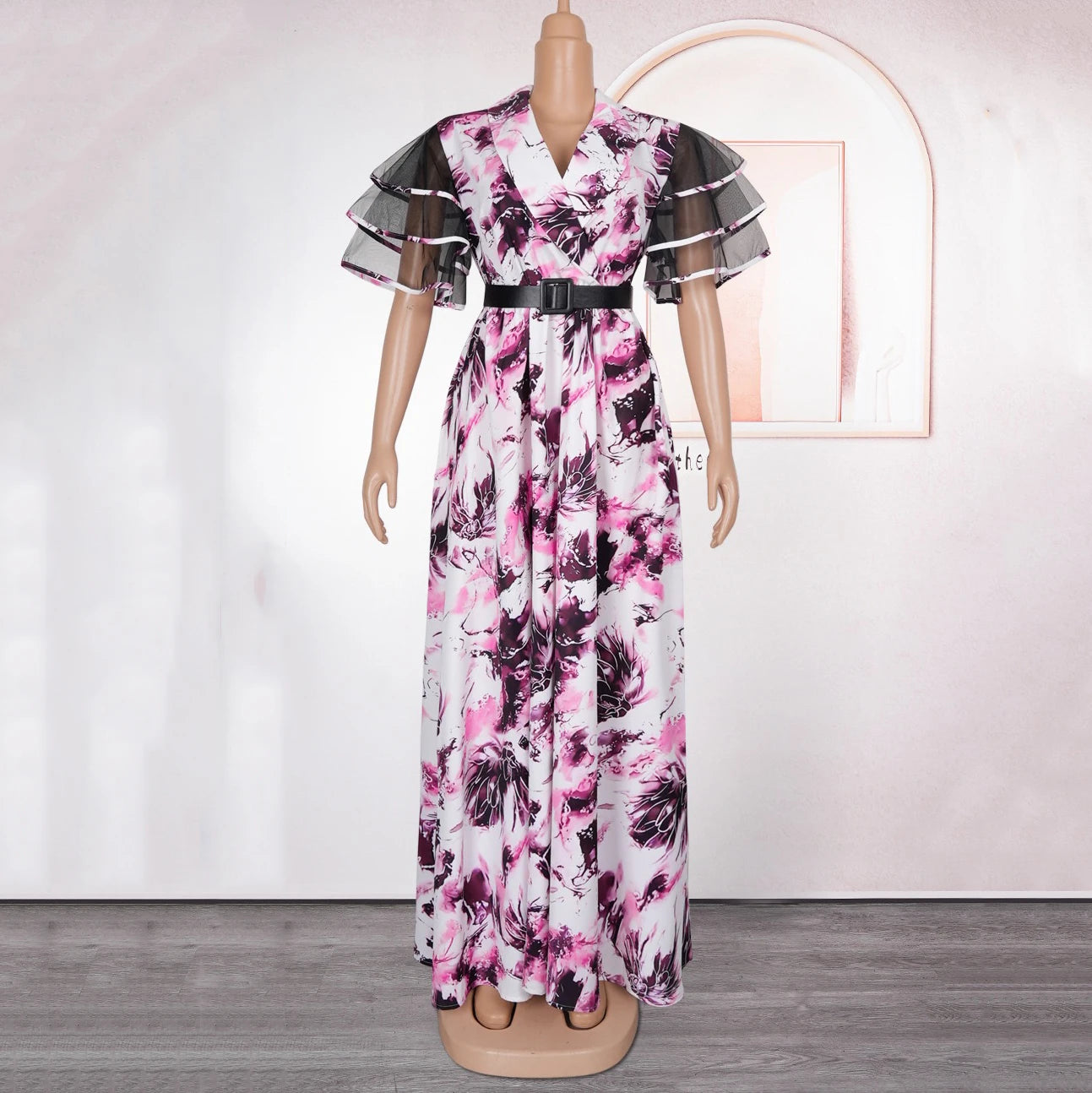 Elegant Printed Dresses for Woman V Neck Ruffles Sleeve Belt Waisted Ankle Length Luxury Birthday Party Dinner Vestidos Mujer