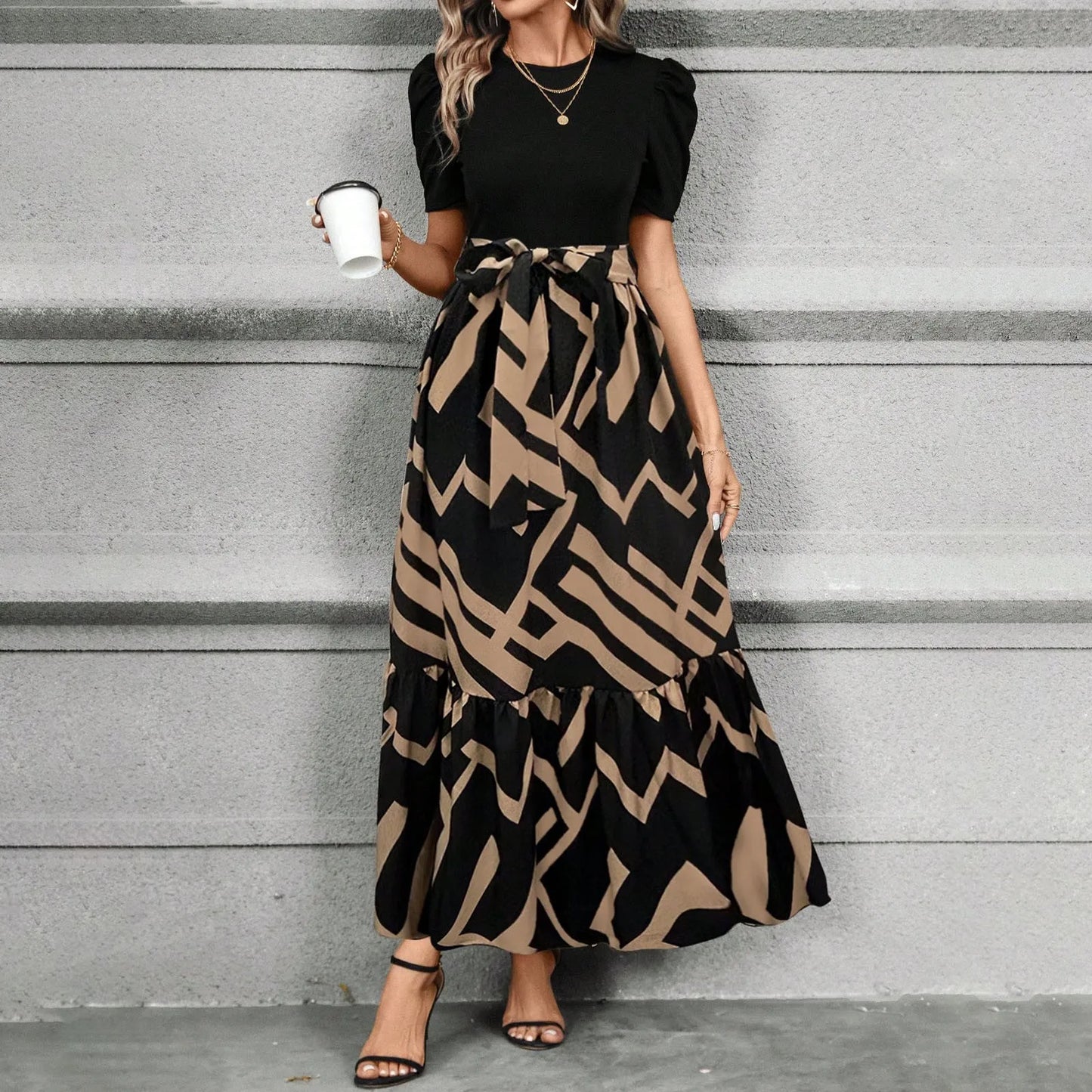 Elegant Women'S Dresses Floral Print High Waist Long Dresses Y2k Short Sleeved Round Neck Office Clothing Vestidos Para Mujer