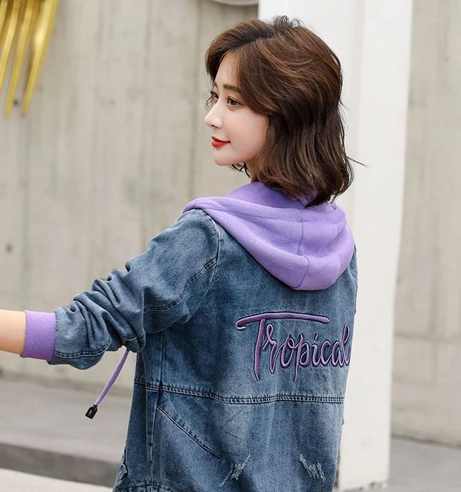 Outerwears Embroidered Spring Autumn Hooded Female Jeans Coat with Print Graphic Women's Denim Jackets Luxury Low Price Harajuku