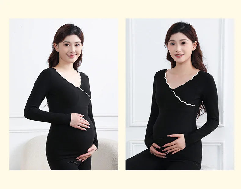 Winter Maternity Padded Warm Pajamas Pregnant Women's Homewear with Cups No Need to Wear Bra Breastfeeding Bottoming Underwear