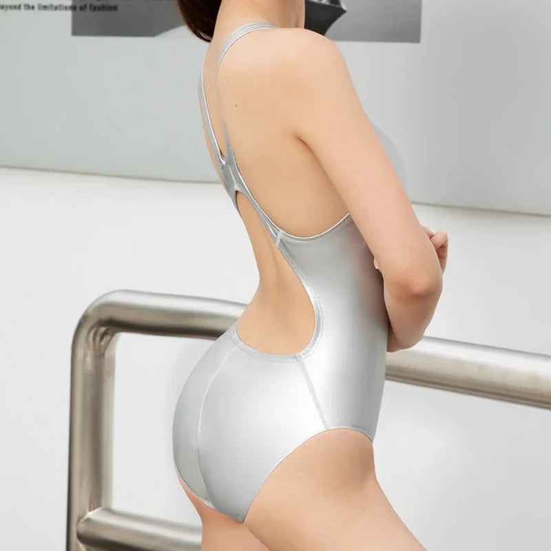 Women's Sexy PU Leather Bodysuit Professional Competition-level High-cut Swimsuit Elastic Tight Design Surf Japan Korea Germany