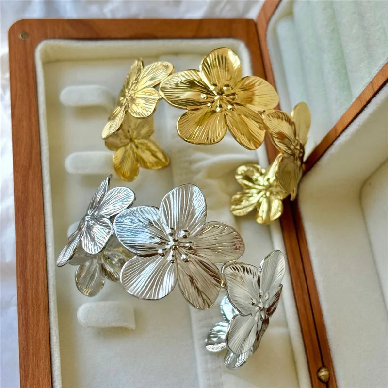 Bohemian Flower Bangles For Women Stainless Steel Wide Bracelet Chunky Flora Cuff Bangle Couple Jewelry Valentine's Day Gifts