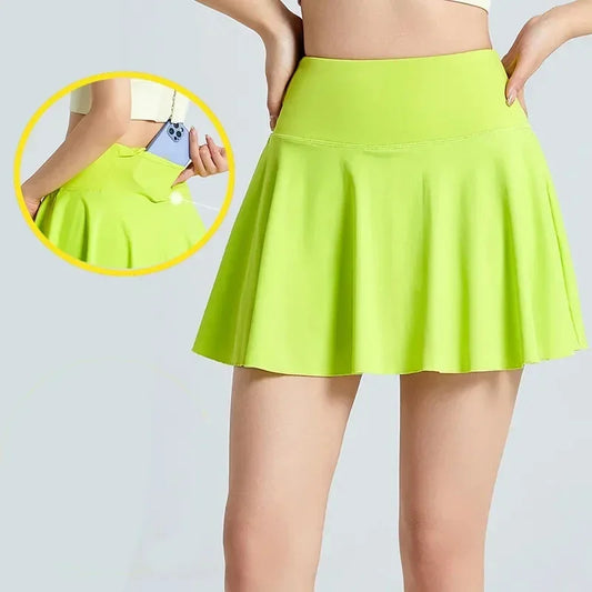 Sport  High WaistTennis Skirts for Women Fashion Anti-Shine Quick Drying Elastic Yoga Skirts Woman with Pocket Mini Skirt Female