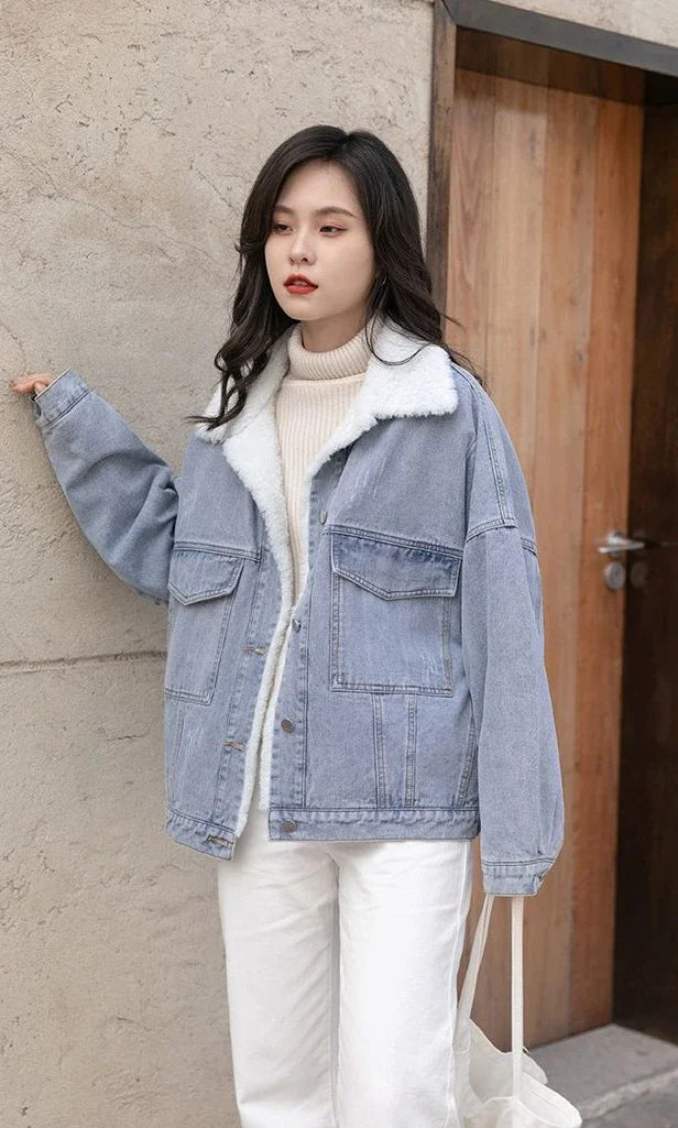 Outerwear Wool Inside Plain Warm Blue Denim Jacket for Women with Fur Plush Woman Jean Coat Winter 2025 Cold Padded Korean Outer