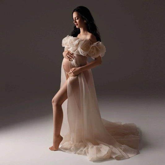 Elegance Maternity Dress Photoshoot Sheer Chiffon Rose Flowers Maternity Dresses Front Slit Illusion Baby Shower Dress Custom