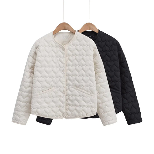 Women's outerwear 2025 heart-shaped quilted cotton jacket women's Korean round neck jacket cotton jacket