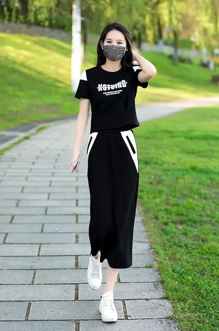 Women's Two Piece Set Short Sleeve Lightly Cooked Slit Skirt Luxury Designer Clothing Y2k Clothes Top and Bottom Female Outfits