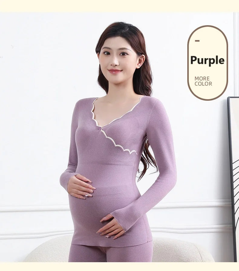 Winter Maternity Padded Warm Pajamas Pregnant Women's Homewear with Cups No Need to Wear Bra Breastfeeding Bottoming Underwear