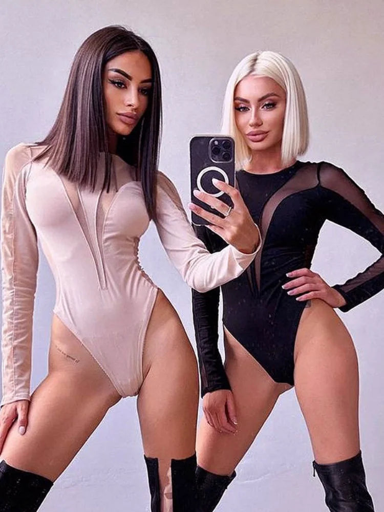 See Through Sexy Bodysuit Lingerie Long Sleeve Lenceria Tranparente One-Pieces Body Feminino Skinny Corset Top Women Rave Outfit