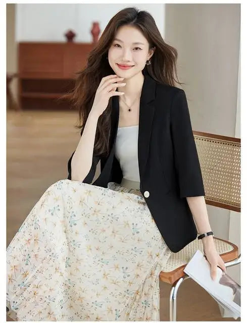 Women's Suit Female Clothing Elegant Woman Oversize Student Fashionable Slim Fit Seven Quarter Rolled Shoulder Pads Tops