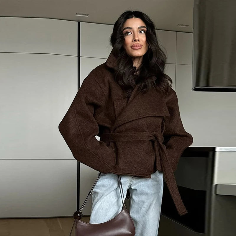 Women's Coat Elegant Laple Woolen Lace Up Belt Pocket Thicken Full Sleeve Female OverCoat 2025 Autumn Winter New Lady Outwears