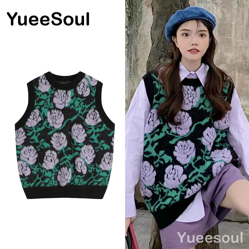 Sweet Kawaii Sweater Vest Printed Sleeveless Casual Outerwear Knitted Waistcoat 2023 Vintage Y2K Spring  E Girl Pullovers Tops