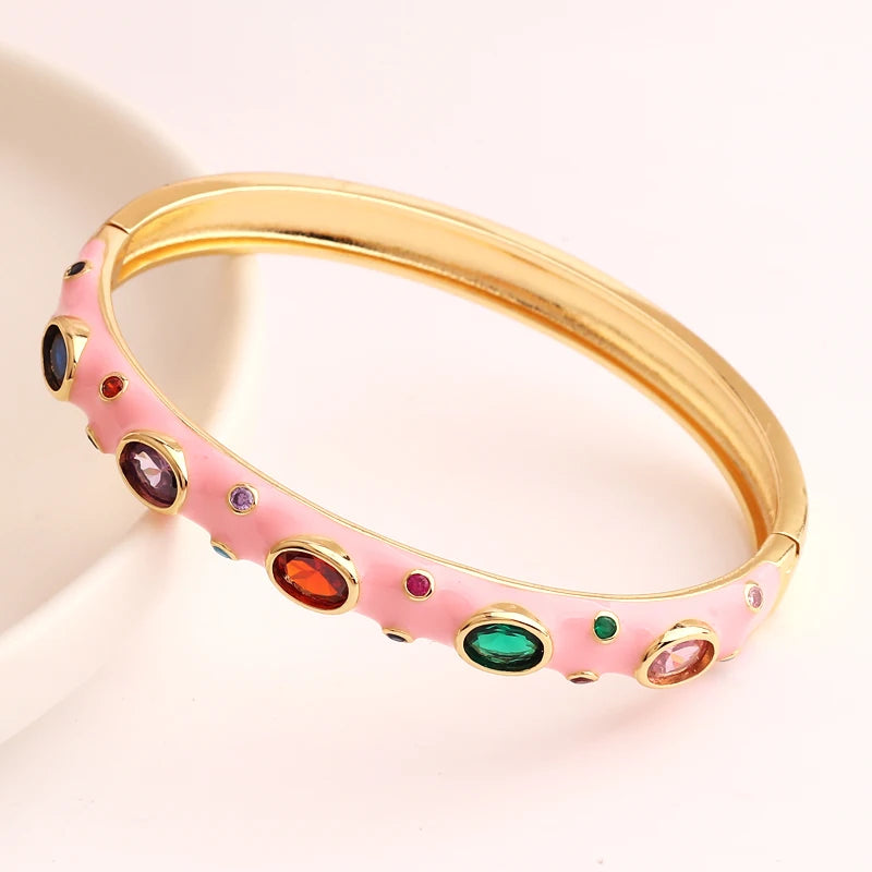 Luxury Colorful Enamel Bangles Bracelets for Women Party Gift Fashion Rainbow Zircon CZ Bangles Original 18K Gold Plated Jewelry