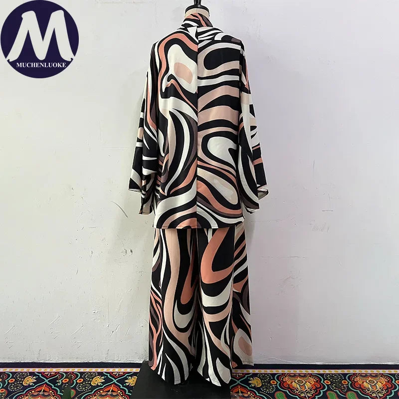 Women's Two Pieces Set Spring  Autumn New Elegant Printed Long Sleeves Tops Suits Fashionable Casual Loose Wide Leg Pants Sets