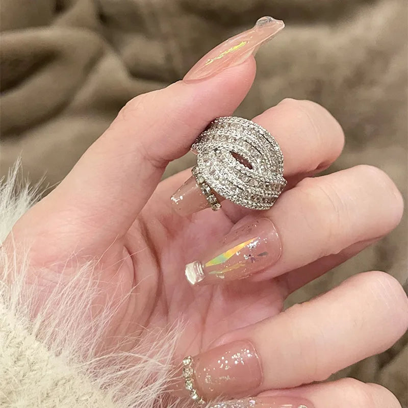 Korea New Fashion Jewelry Exquisite Silver Color Zircon Ring Elegant Women's Opening Adjustable Wedding Gift Luxury Accessory