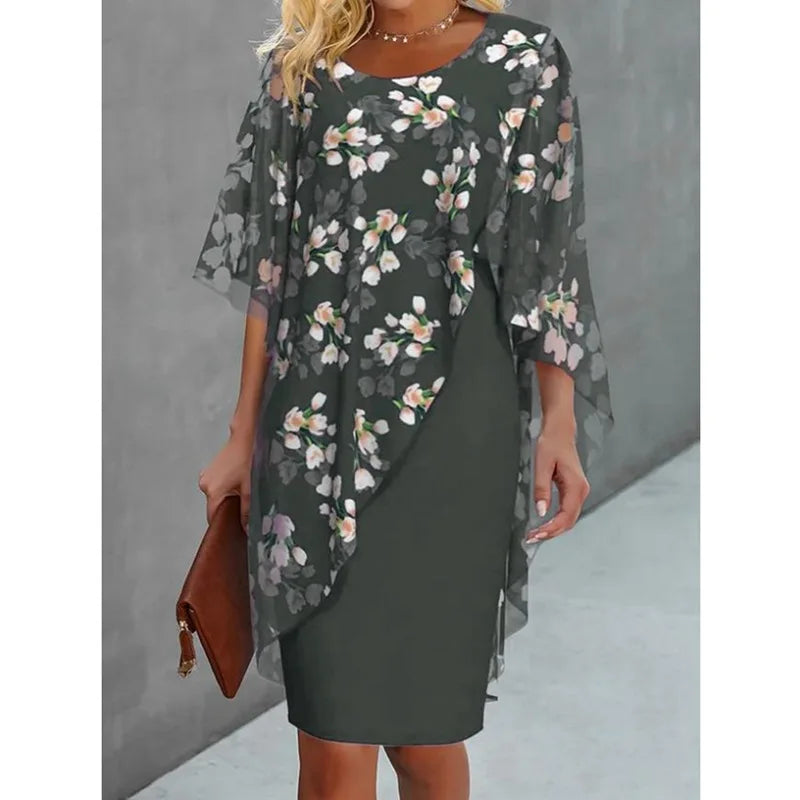 Elegant O-neck Half-sleeved 2-piece Dress For Women Autumn Fashion Irregular Suit Flower Printing Loose Dresses Female