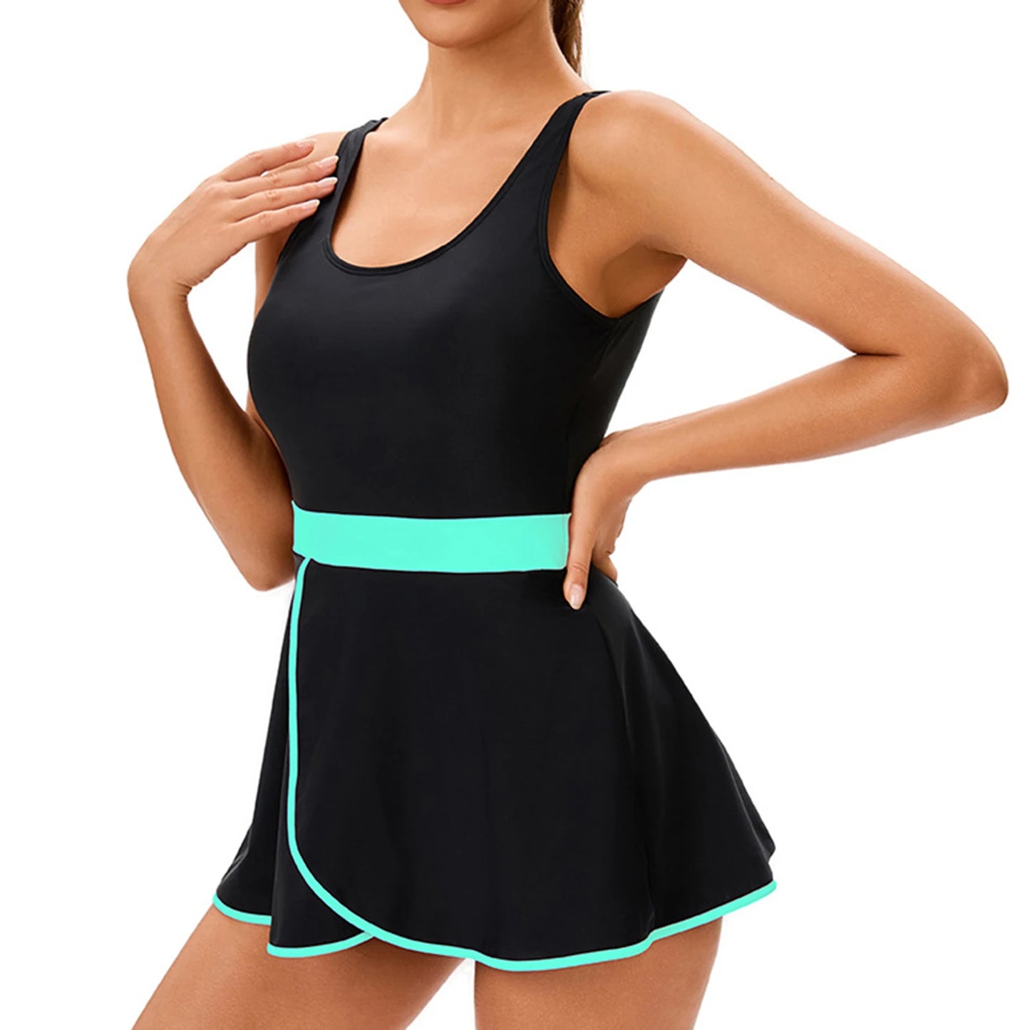 Women Two Pieces Swimwear Beach Rash Guard Swimsuit Swim Dress with Shorts Set Contrast Modest Swimwear Swimming Bathing Suit