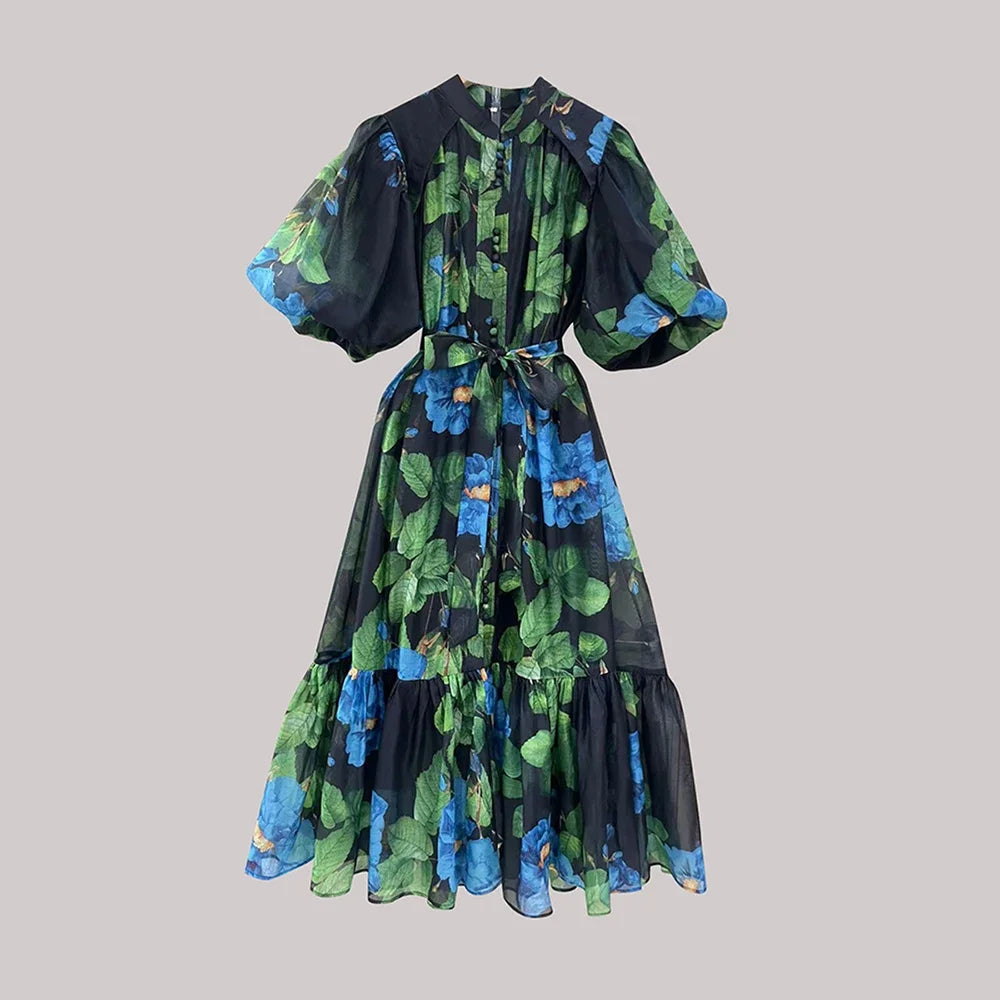 TWOTWINSTYLE Hit Color Spliced Printing Midi Dresses for Women Round Neck Short Sleeves Patchwork Lace Up Elegant Dress Female