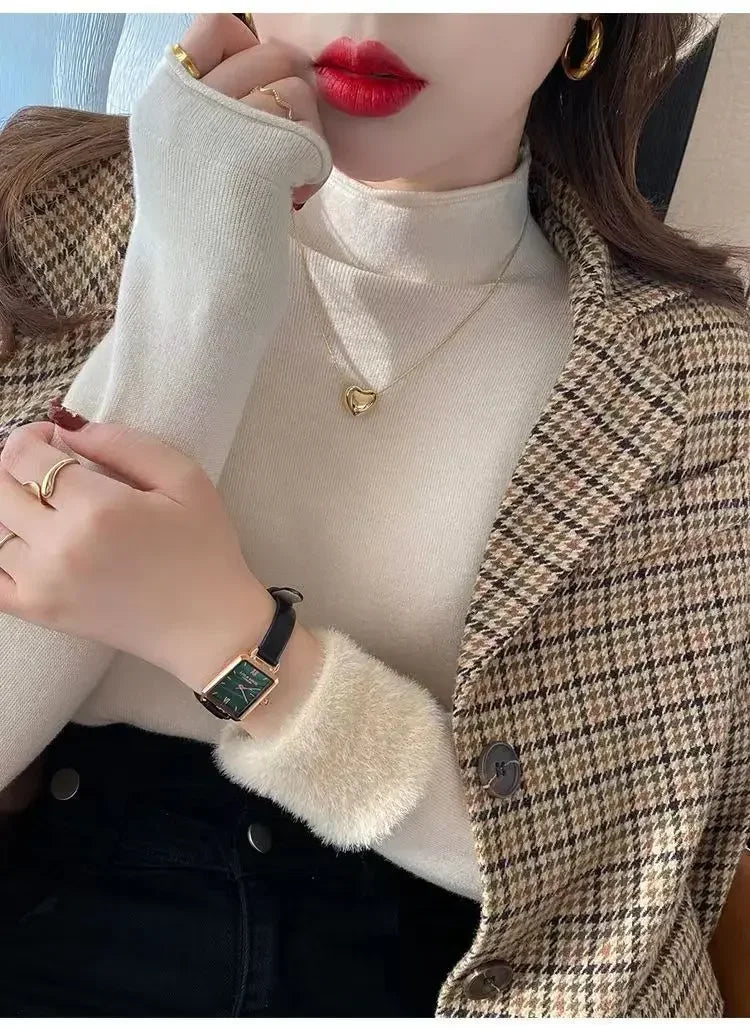 2025 Sweater For Women Casual Thick Warm Knit Plush Velvet Lined Pullover Tops Fall Winter Soft Knitwear Jumper New Slim Poleras