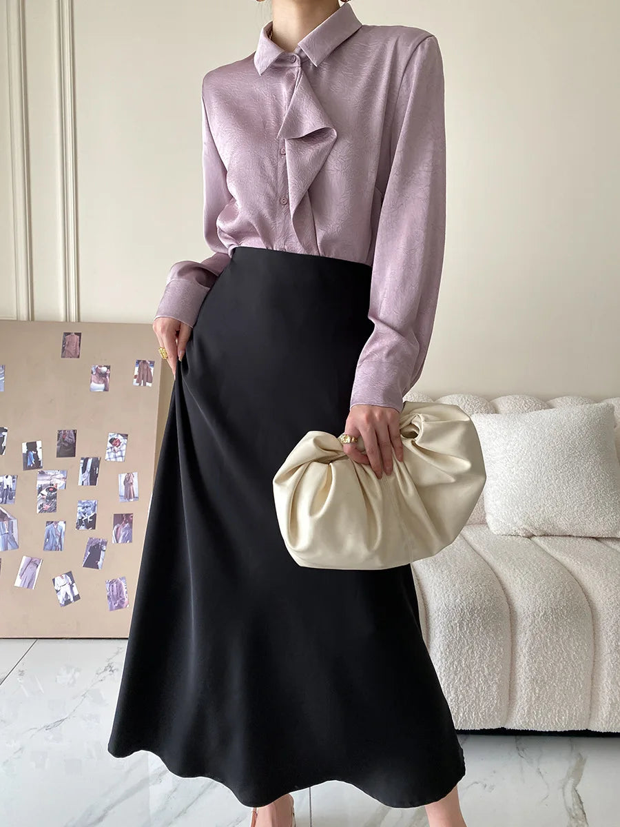 Elegant Skirts for Women Satin High Waisted 2025 New Slim Fit Long Skirt Fashion Temperament Simple Versatile Grey Black Skirts