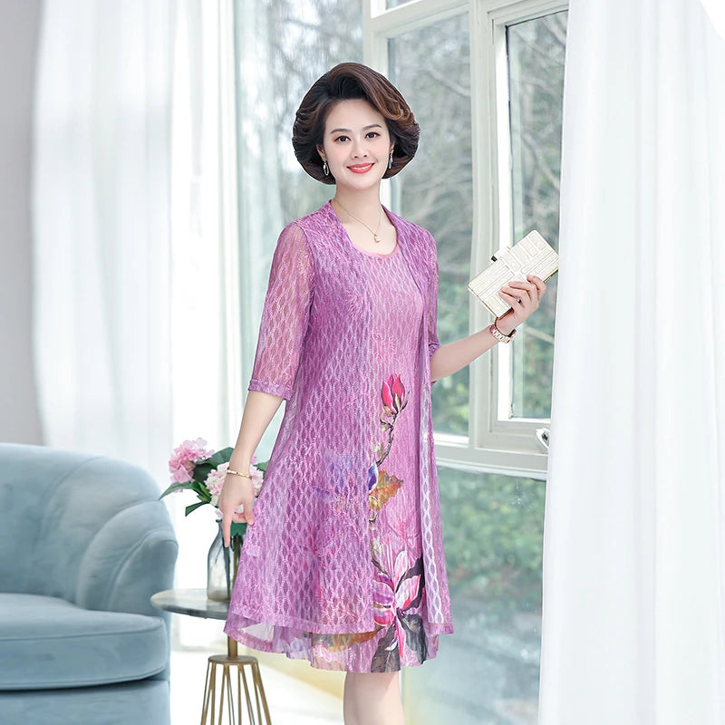 Elegant Dresses Women NEW Summer Casual Retro Temperament printing two Piece Set Dress Mother Dress plus Size
