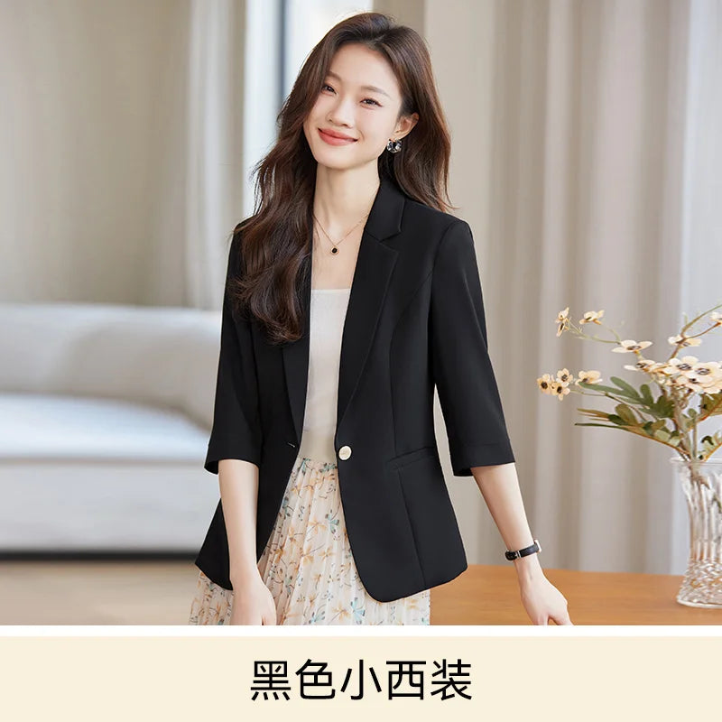 Women's Suit Female Clothing Elegant Woman Oversize Student Fashionable Slim Fit Seven Quarter Rolled Shoulder Pads Tops