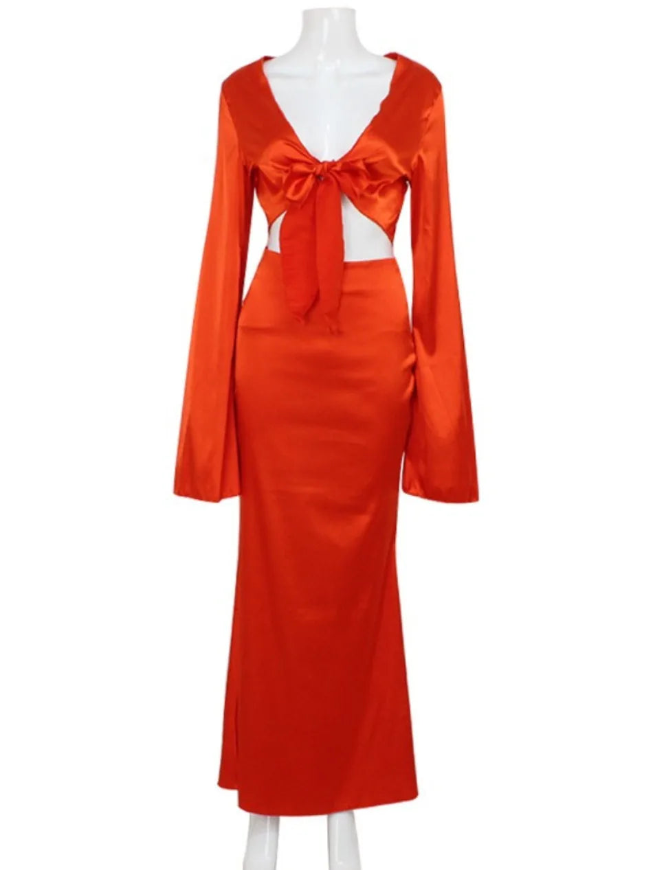 Women's Two Pieces Set 2025 Autumn Fashion Lace-up Long-sleeve Sexy V-neck Elegant Low-waist Gown for Runway Show Dress Sets