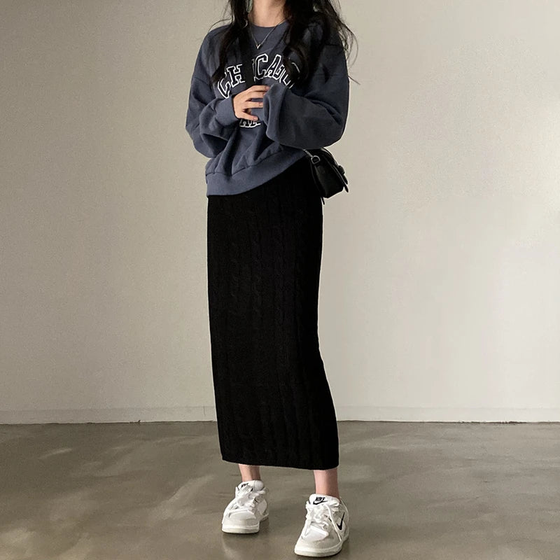 Solid Knitted Skirts For Women 2023 Fashion Autumn Winter Slim Long Skirt Vintage Casual Elastic High Waisted Straight Skirt New