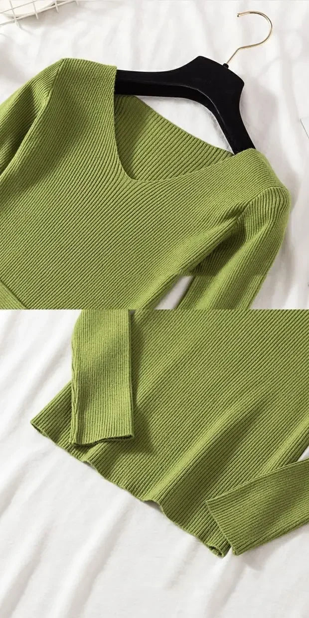 Women Sweater 2026 New Autumn Winter Long Sleeve Pullover Basic Top Fashion V-neck Elastic Female Winter Solid Knitted Jumper