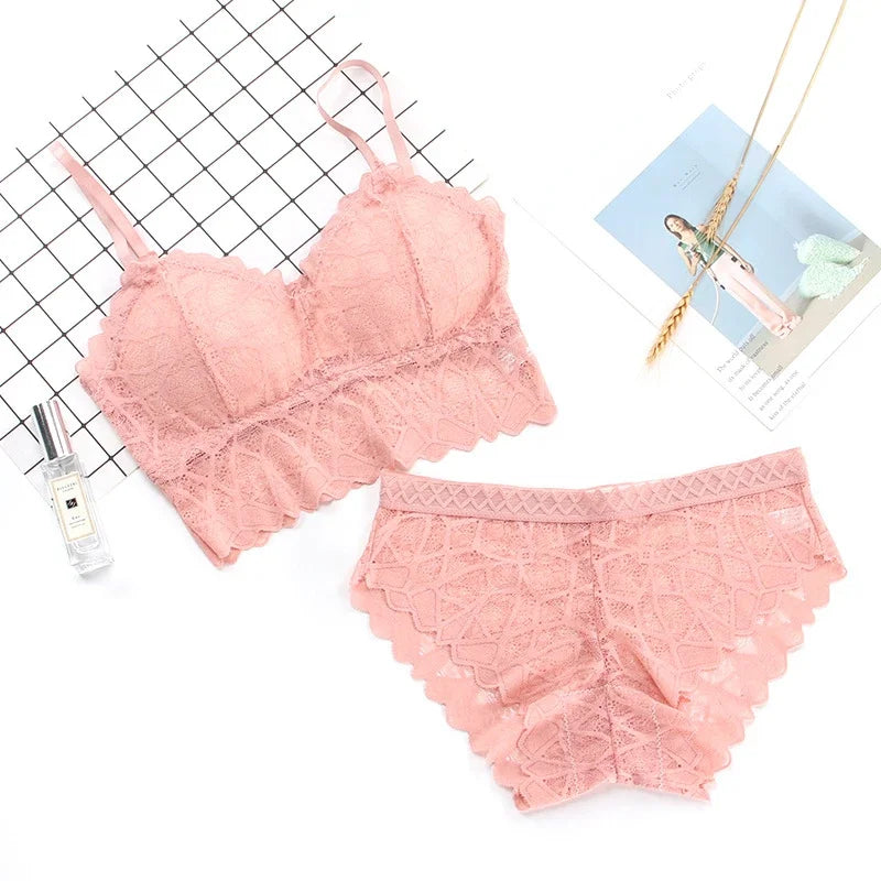 Women's Bra Set Sexy Beauty Back Tops Lace Push-up Bras and Panty Sets Wire Free Lingerie Solid Padded Intimates Underwear
