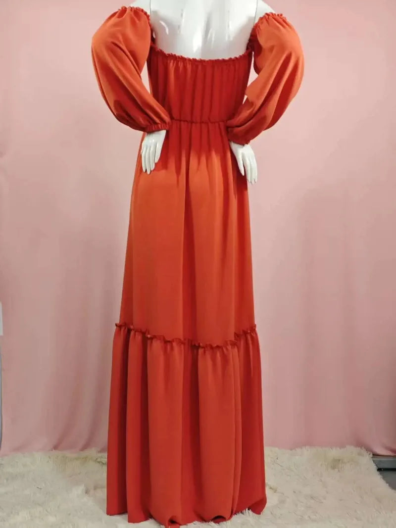 Maternity Photoshoot Dress - Sexy Off-Shoulder Gown Playful Puff Sleeves & Leg-Baring Slit Clothes for Pregnant Women Photograph