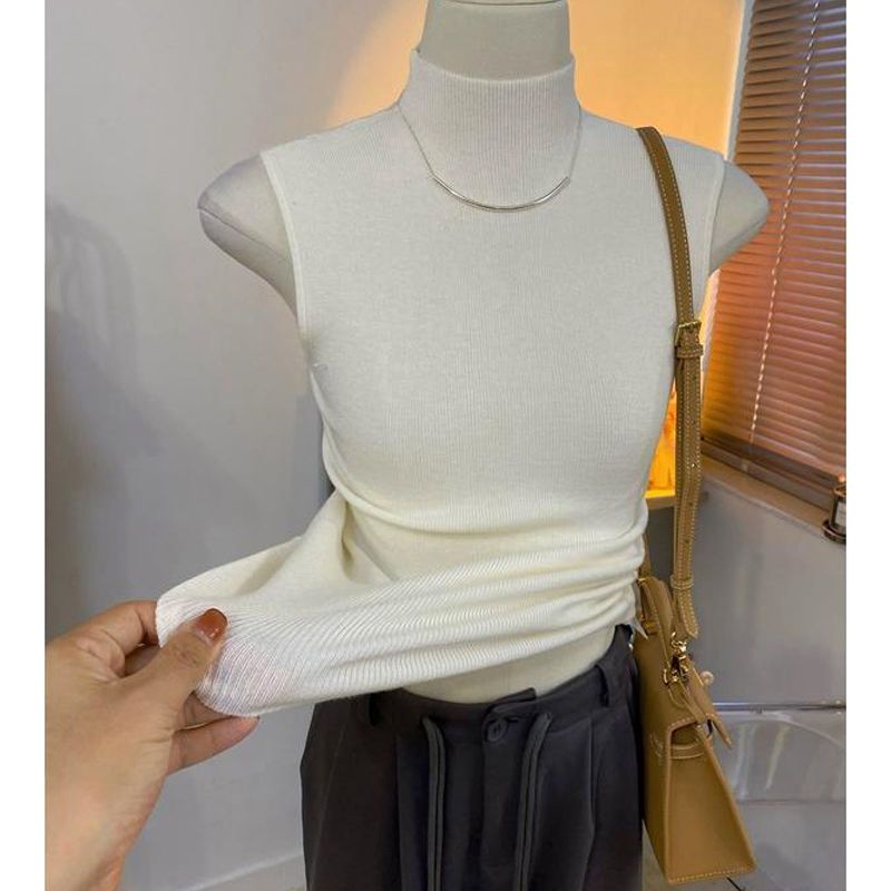 Sweater Vests Women Simple Half High Collar Fashion Autumn Basic Slim Sleeveless Sweaters All-match Ulzzang Leisure Knitting Ins