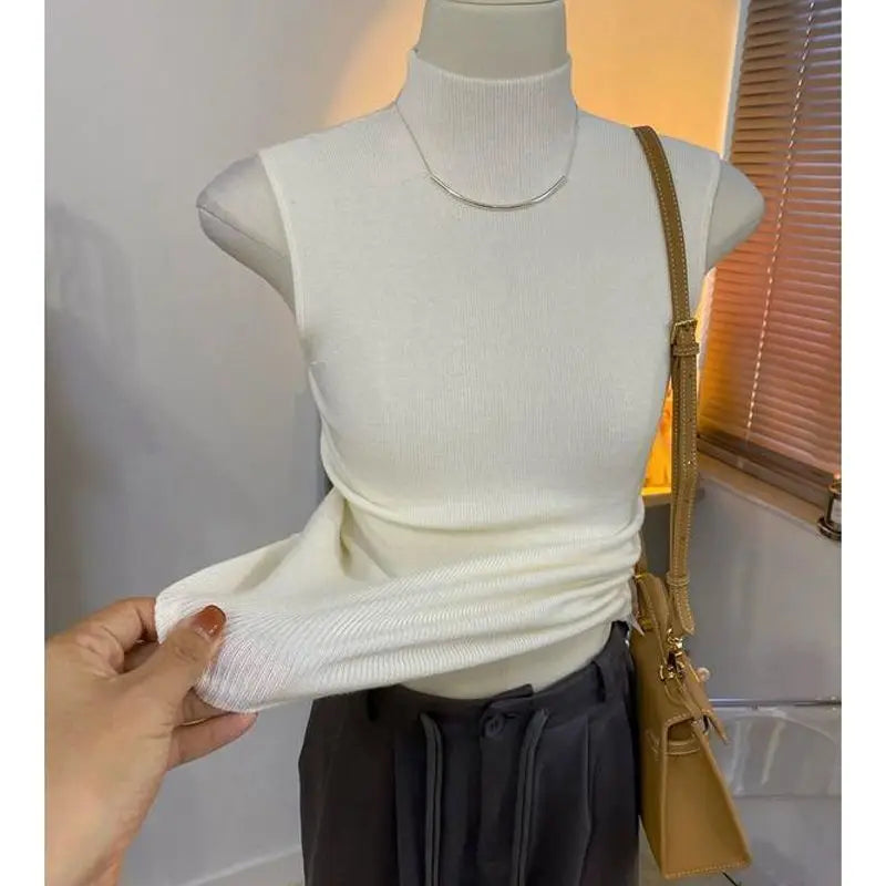 Sweater Vests Women Simple Half High Collar Fashion Autumn Basic Slim Sleeveless Sweaters All-match Ulzzang Leisure Knitting Ins