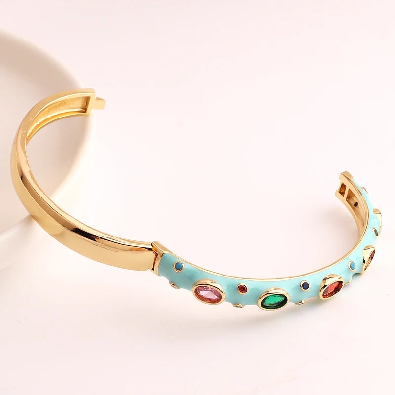 Luxury Colorful Enamel Bangles Bracelets for Women Party Gift Fashion Rainbow Zircon CZ Bangles Original 18K Gold Plated Jewelry