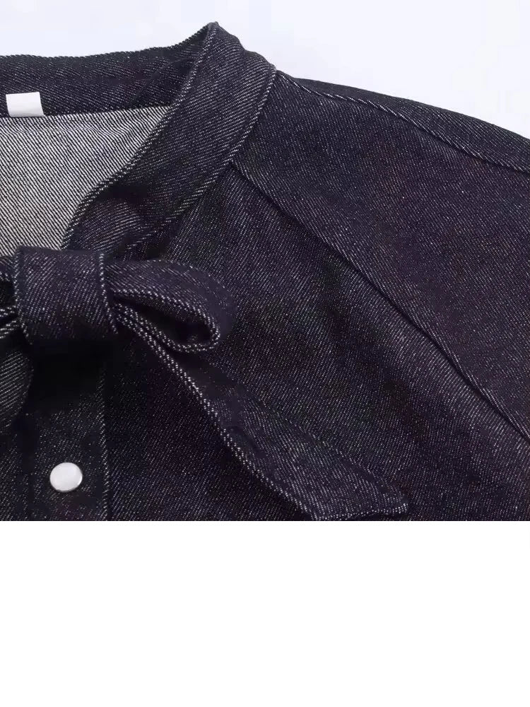 HH Women Casual Suits Bow Decoration Single-breasted Shirt+Zipper Pleated Elastic Waist Midi Skirt Denim Solid Skirt Sets