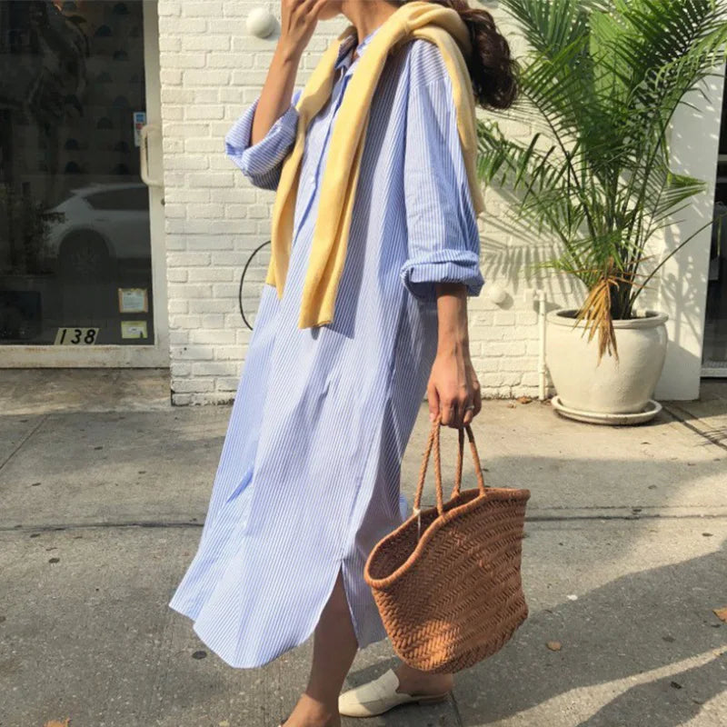 Women's Skirt Popular Fashion Casual Office Lady Dress New Korean Striped Versatile Lapel Female Long Sleeved Long Classic Skirt
