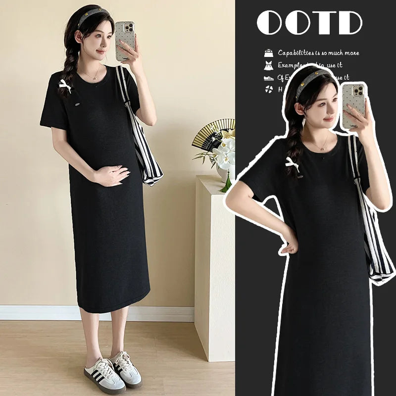 Maternity Dress: Back-Cutout Knit &Lace Maxi - Sophisticated Pregnancy Gown with Designer Details for Fashionable Expecting Moms