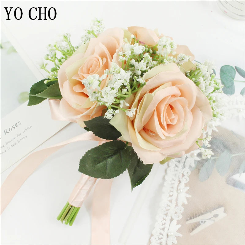 Bridal Bridesmaids Bouquets with Bowknot Ivory Roses Silk Flowers Bouquet for Valentine's Day Marriage Wedding Bride Photography