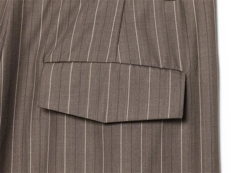 Women's Suit 2025 New Fashion Autumn Striped Shoulder Pads Belt Blazer and Pleated Pants Suit for Women Casual Chic Ladies Set