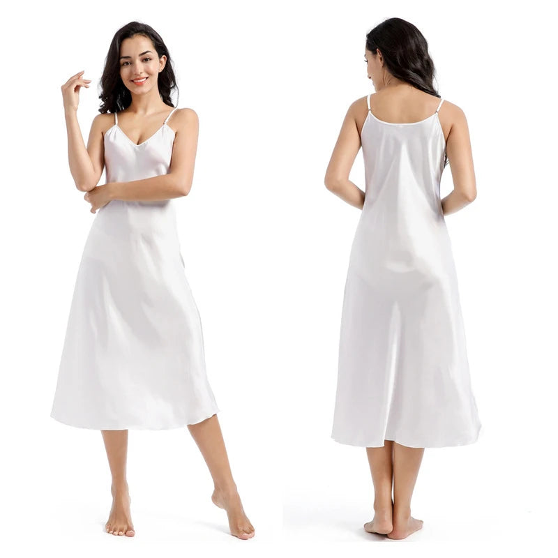 Women Long Satin Nightgown Slip Dress Nightdress Silky Nightie Soft V Neck Nightwear
