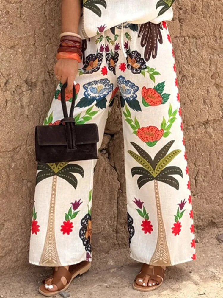 Women's Two-piece Set Tribal Style Printed V-Neck Blouses Casual Loose Drawstring Elasticity Pants Fashion Female Pants